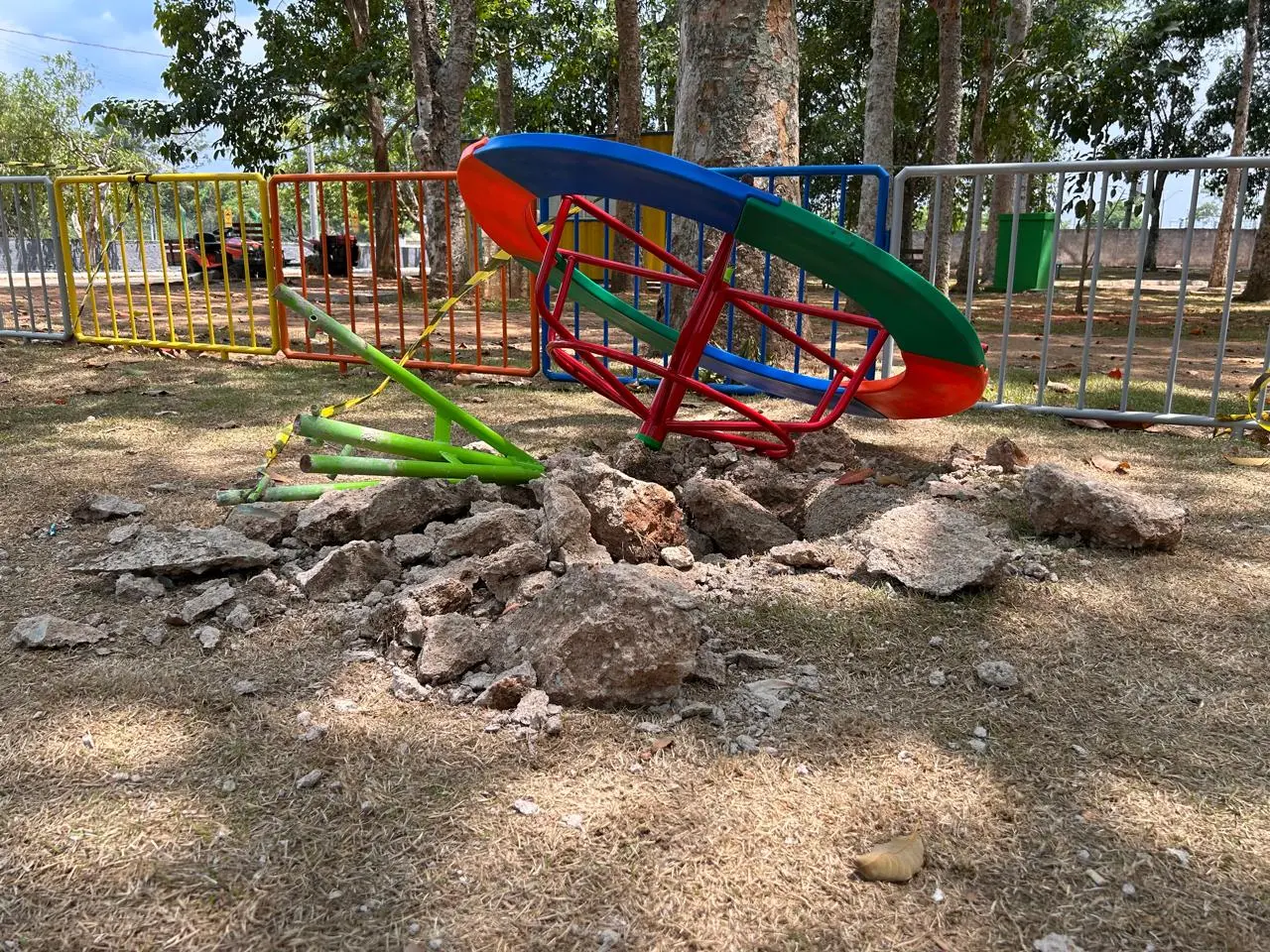 Parque Circuito tem brinquedos danificados, lixeiras quebradas e pichações menos de uma semana após revitalização
